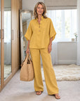 MARIBEL - Linen Set with Batwing Sleeves and Wide Pants - Yellow