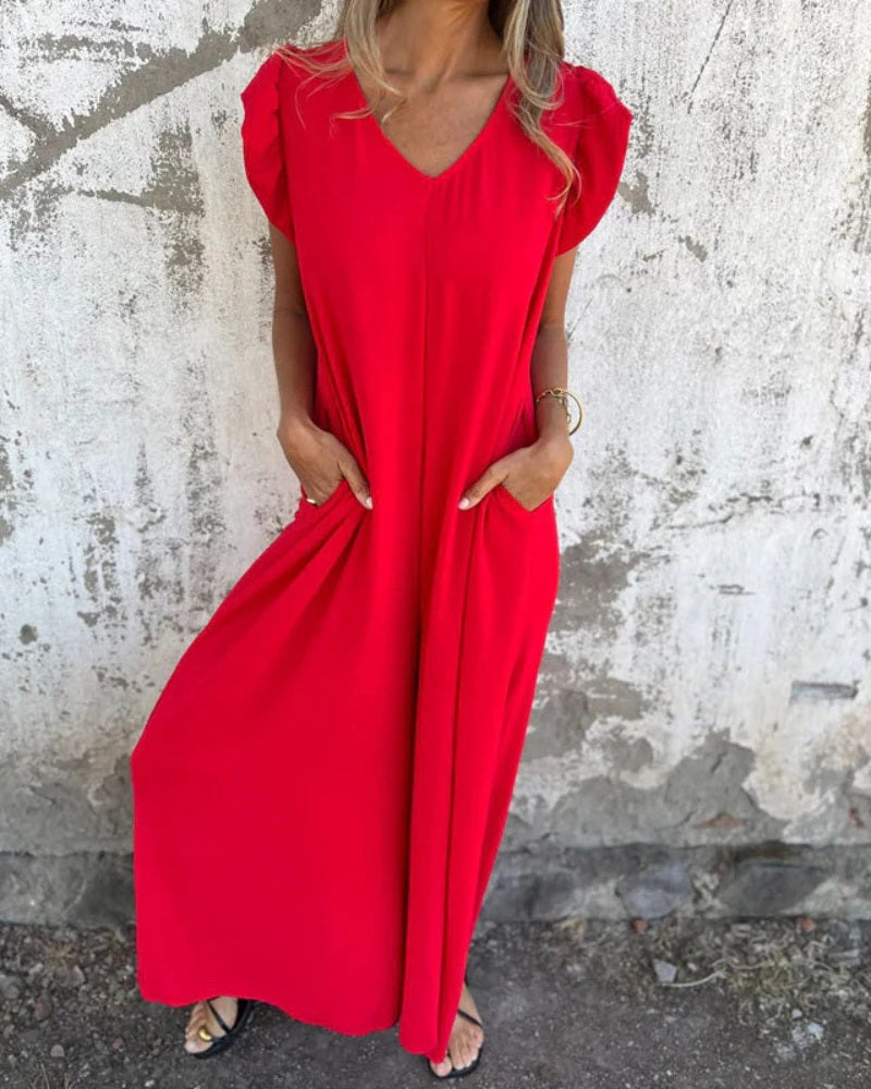 MARMARELA - Effortless V-Neck Jumpsuit - Red