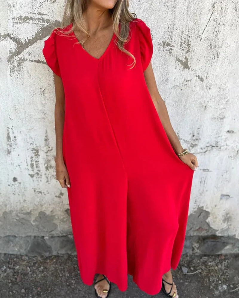 MARMARELA - Effortless V-Neck Jumpsuit - Red