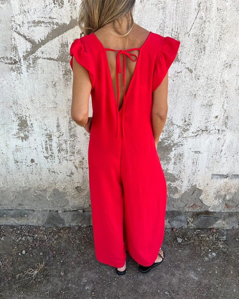 MARMARELA - Effortless V-Neck Jumpsuit - Red