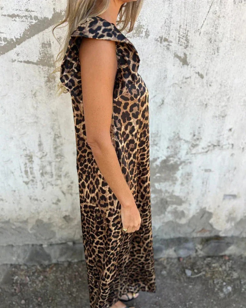 MARMARELA - Effortless V-Neck Jumpsuit - Leopard Brown