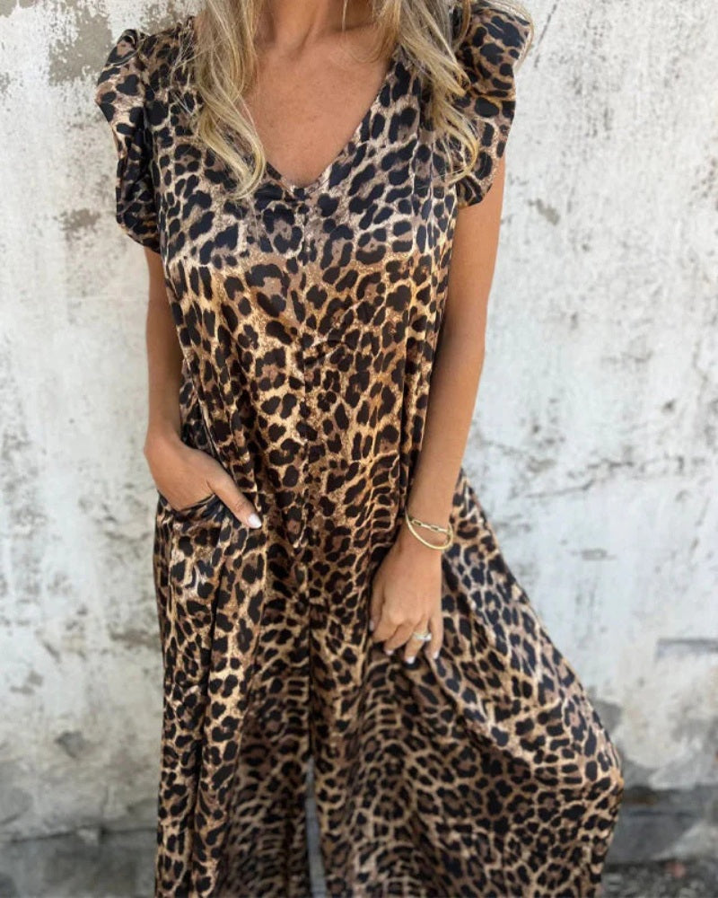 MARMARELA - Effortless V-Neck Jumpsuit - Leopard Brown