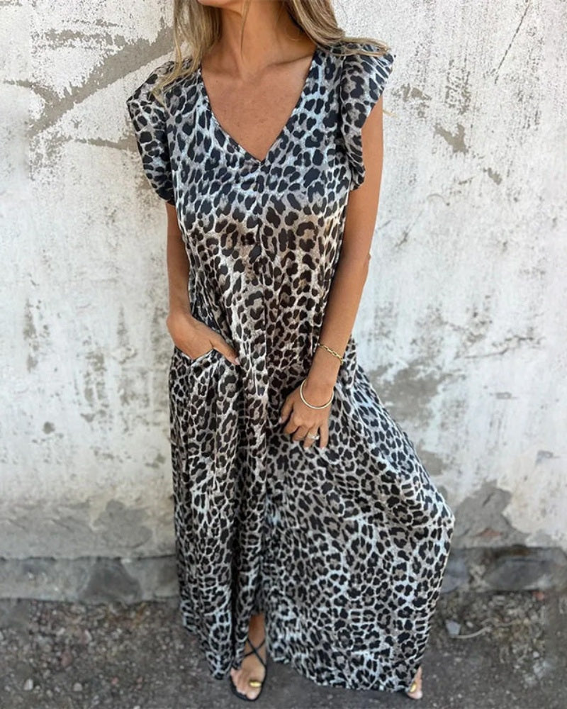 MARMARELA - Effortless V-Neck Jumpsuit - Leopard Grey