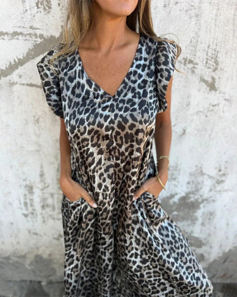 MARMARELA - Effortless V-Neck Jumpsuit - Leopard Grey