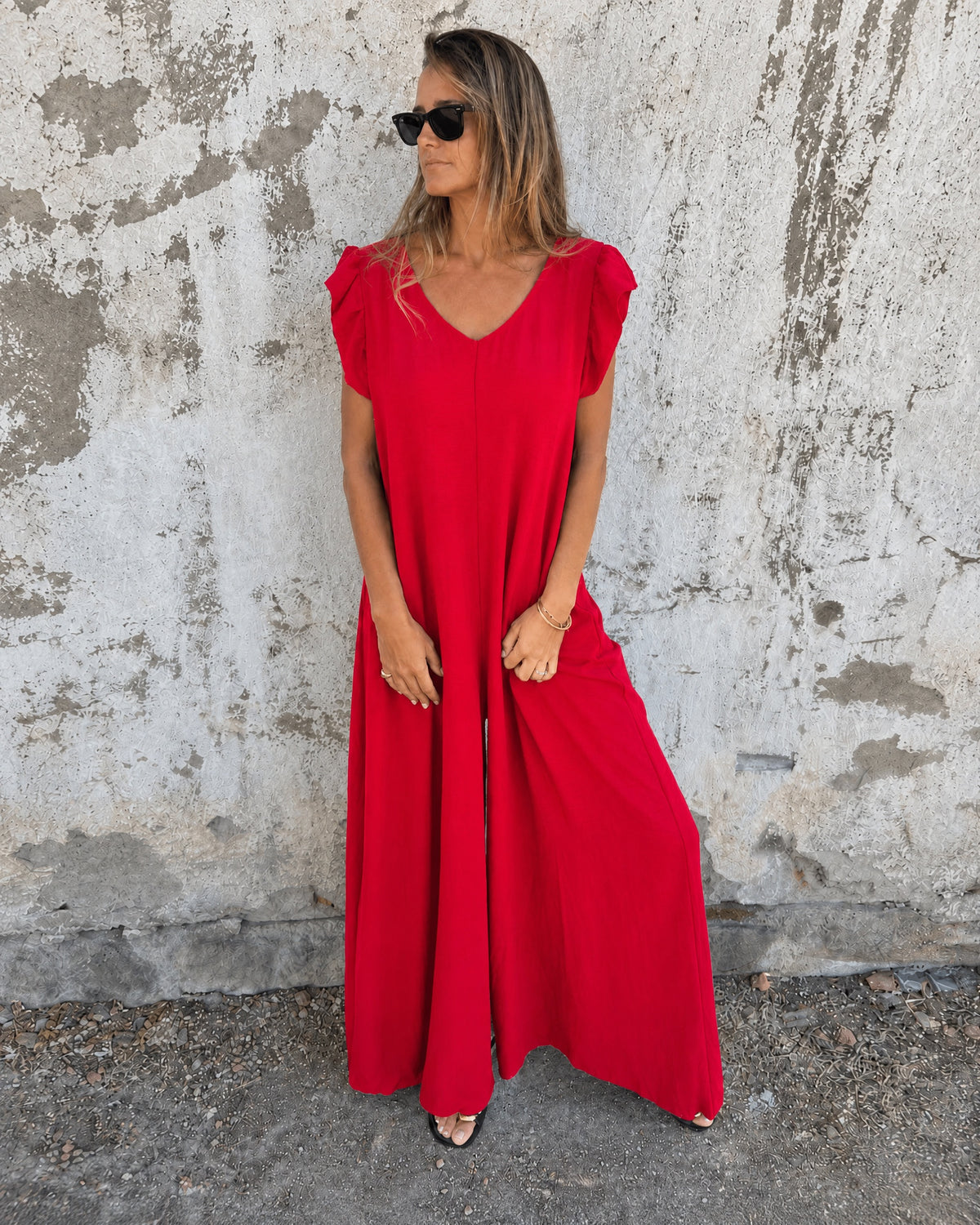MARMARELA - Effortless V-Neck Jumpsuit - Red