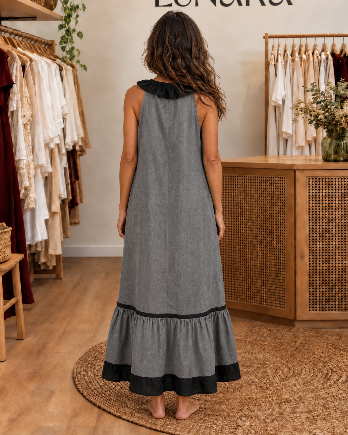 MAYLINE - Sleeveless Ruffle-Neck Maxi Dress - Dark Grey