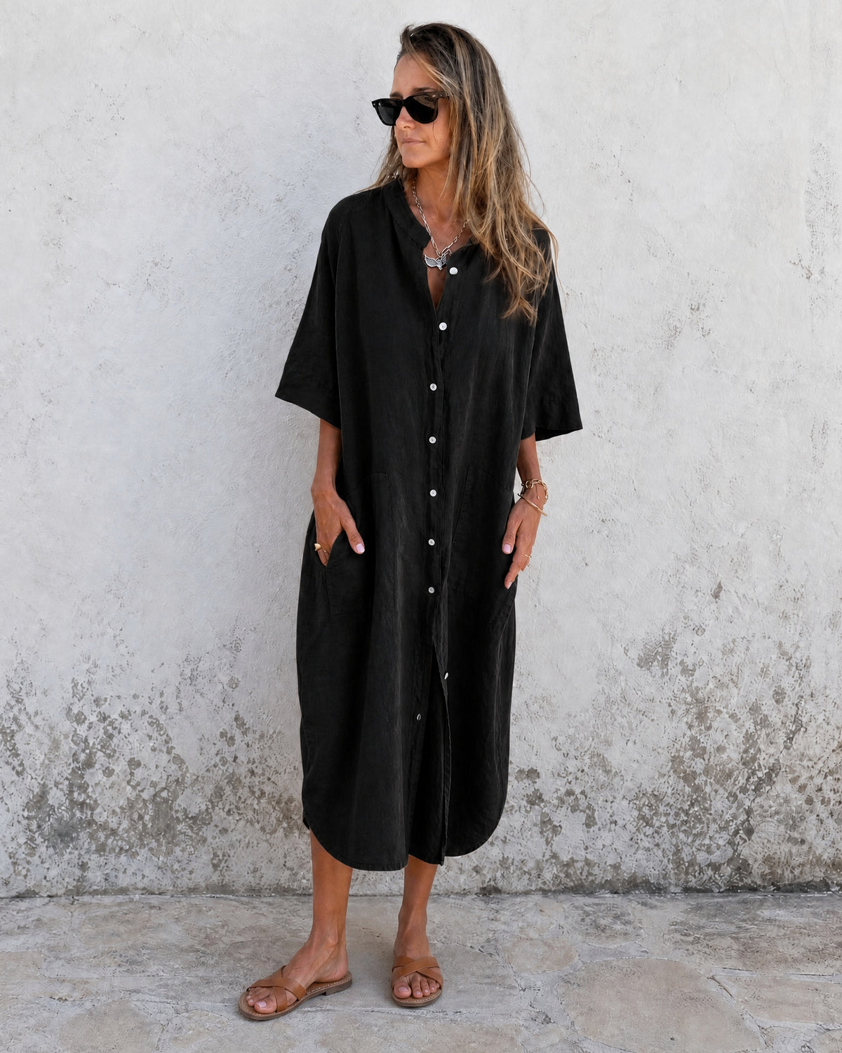 MEIVA - Cotton Linen Shirt Long Dress - Black