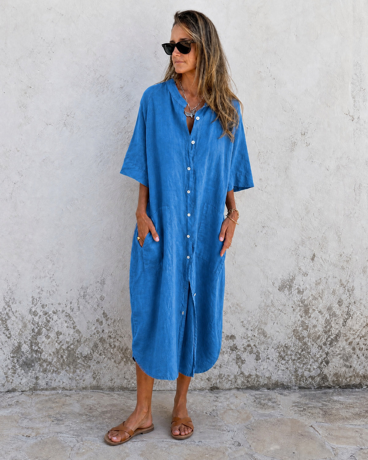 MEIVA - Cotton Linen Shirt Long Dress - Blue