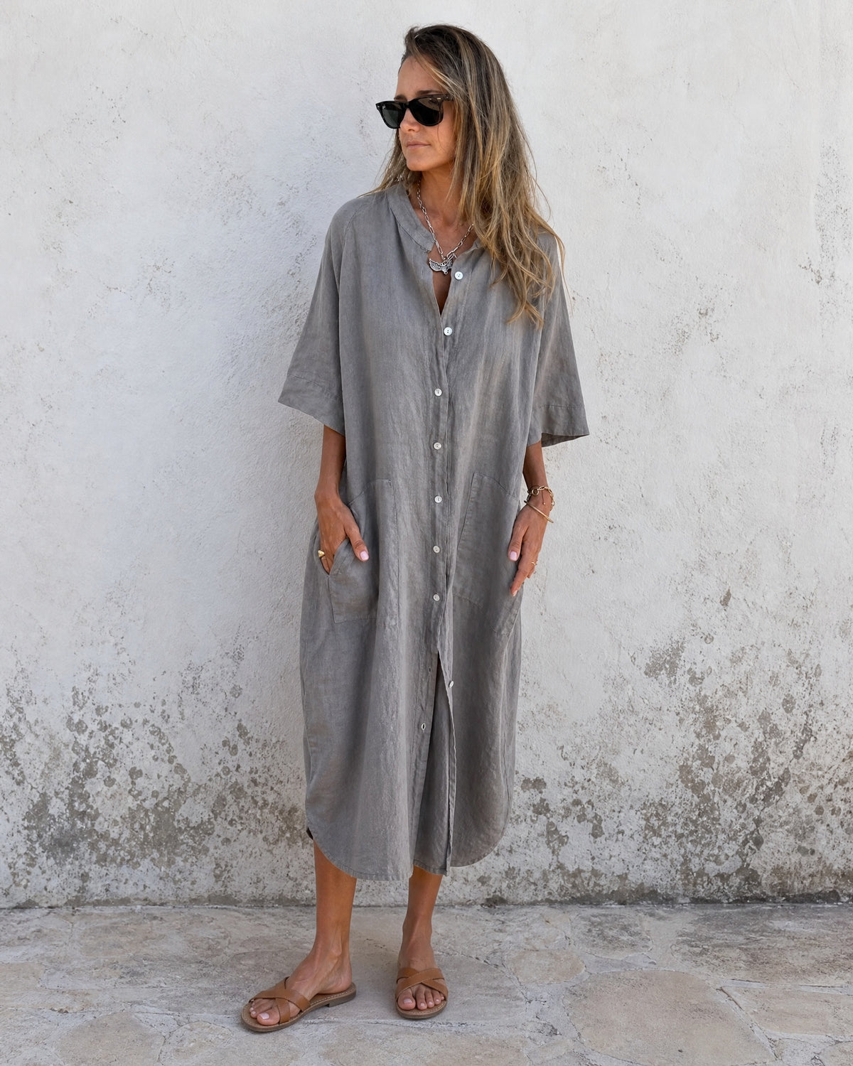 MEIVA - Cotton Linen Shirt Long Dress - Gray