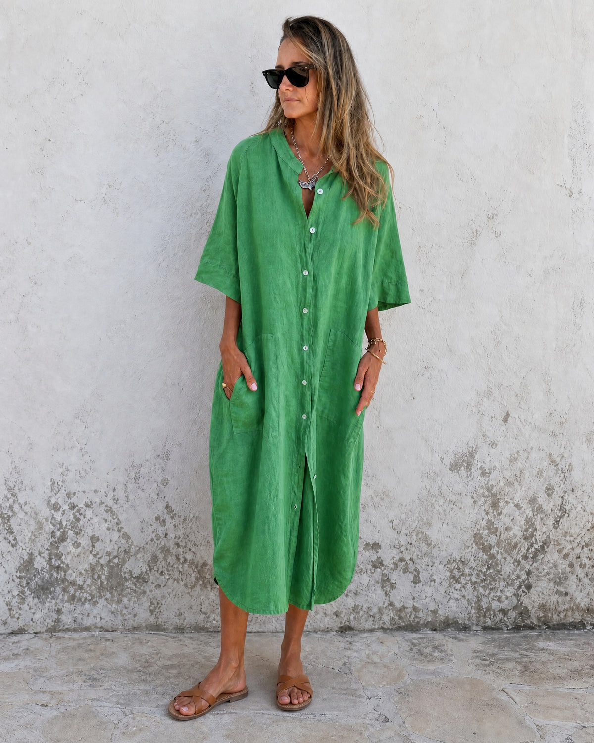 MEIVA - Cotton Linen Shirt Long Dress - Green