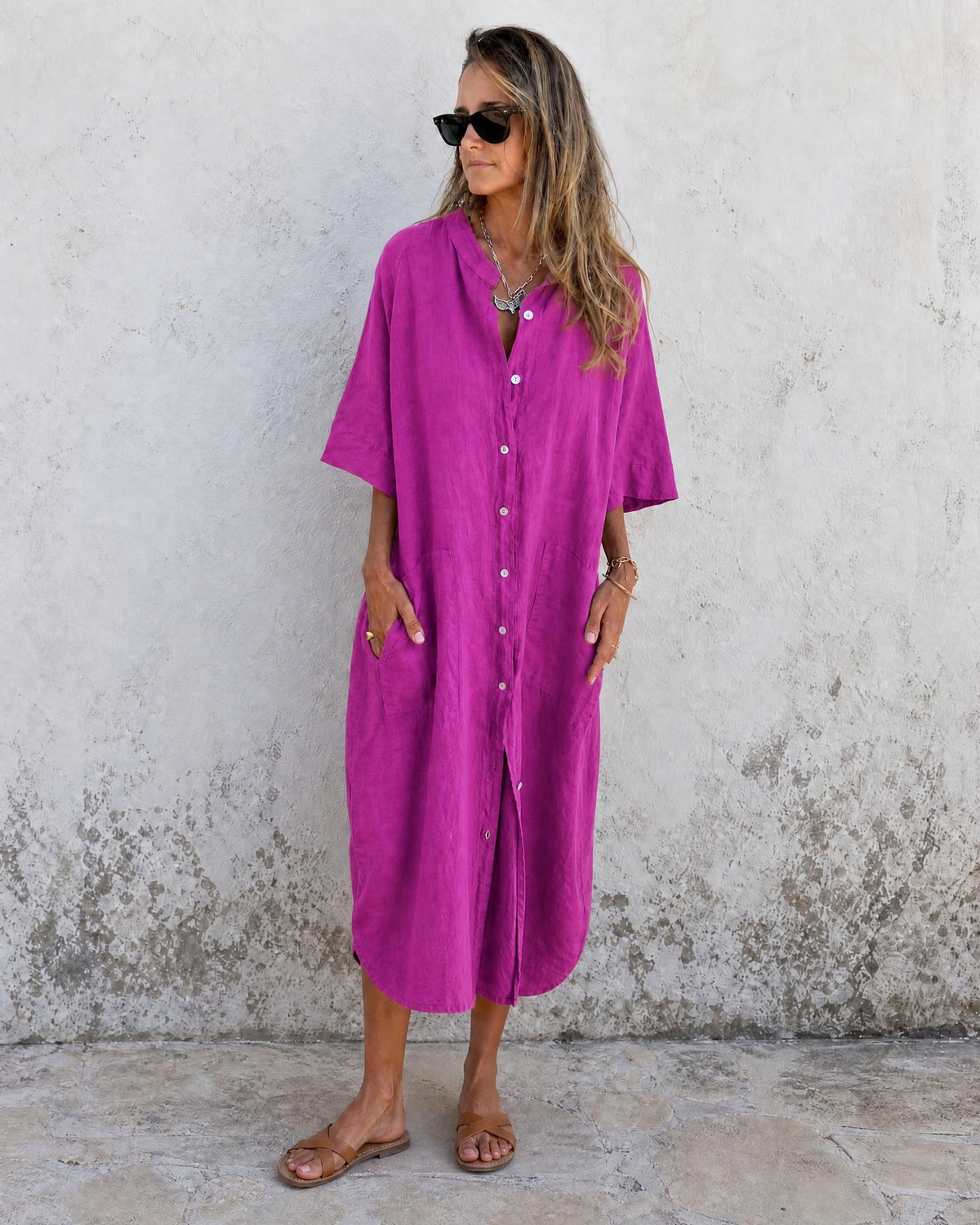 MEIVA - Cotton Linen Shirt Long Dress - Purple