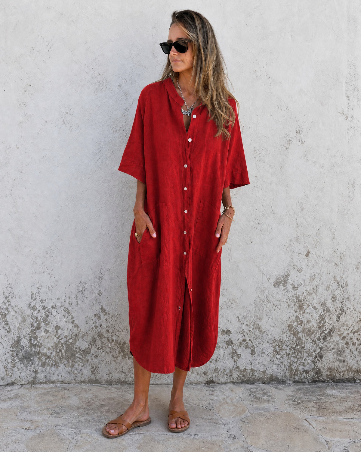 MEIVA - Cotton Linen Shirt Long Dress - Red