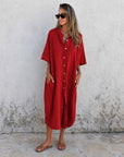 MEIVA - Cotton Linen Shirt Long Dress - Red