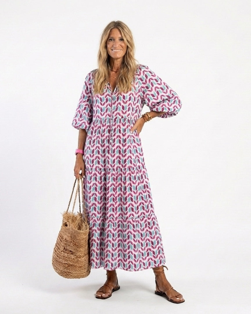 MIREYA - Geometric Tiered Midi Dress