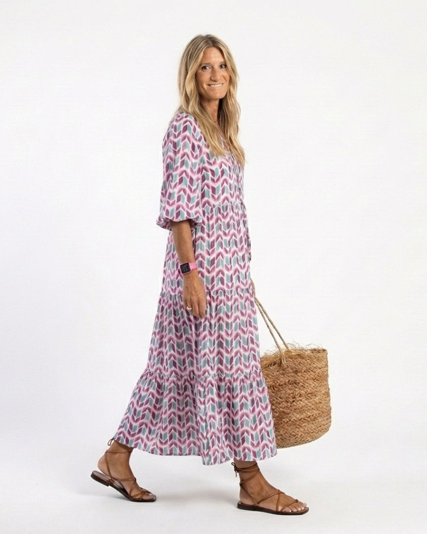 MIREYA - Geometric Tiered Midi Dress