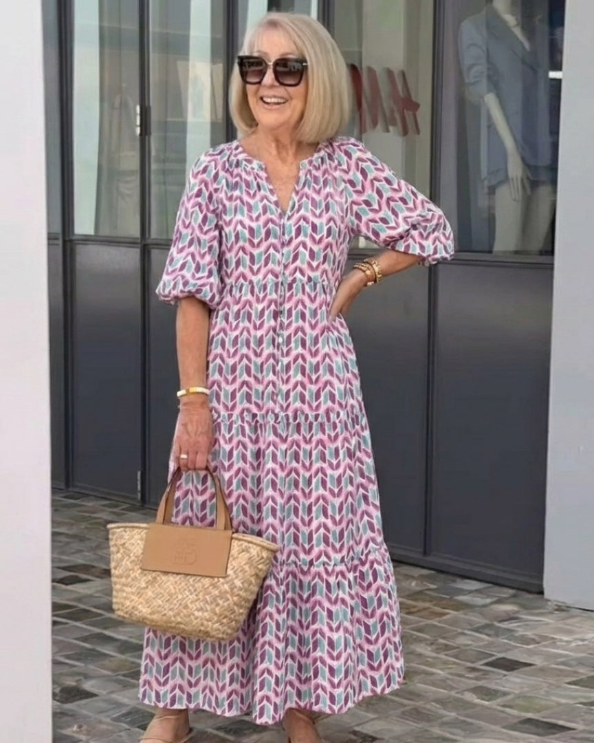 MIREYA - Geometric Tiered Midi Dress