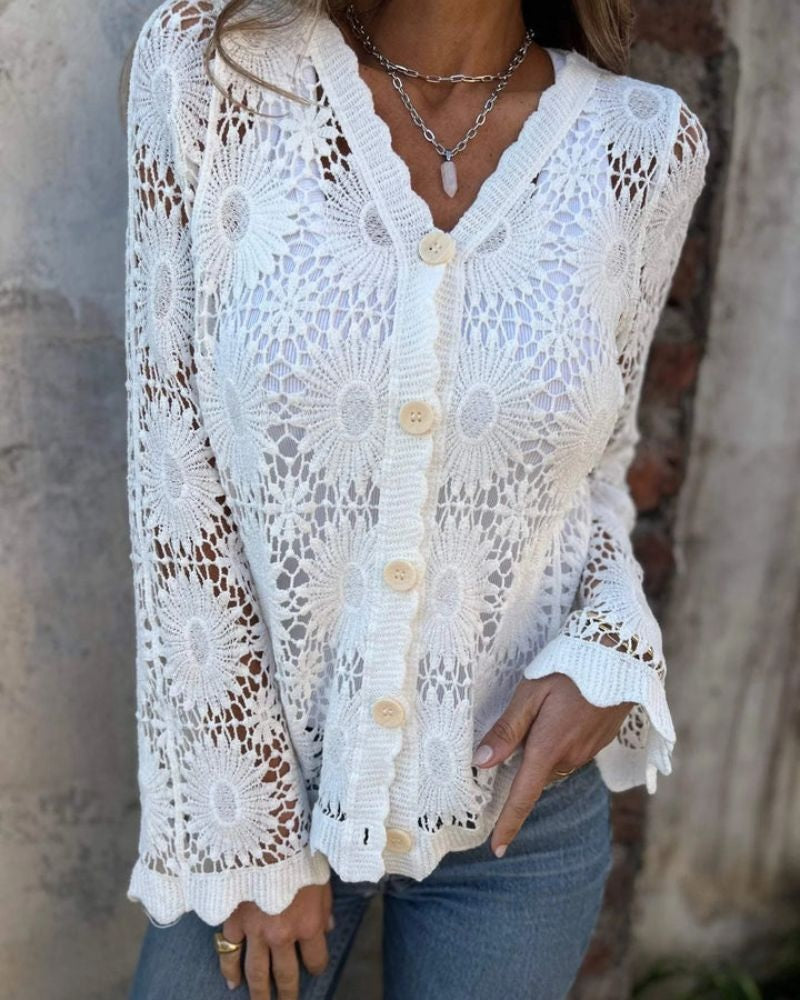 NALIE - Crochet Lace Button Cardigan - White