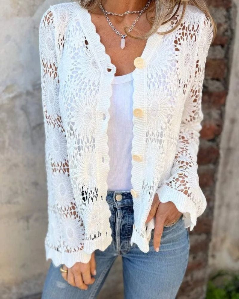 NALIE - Crochet Lace Button Cardigan - White