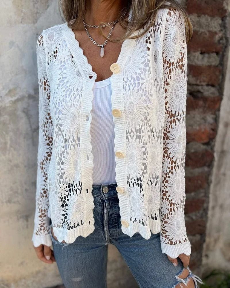 NALIE - Crochet Lace Button Cardigan - White