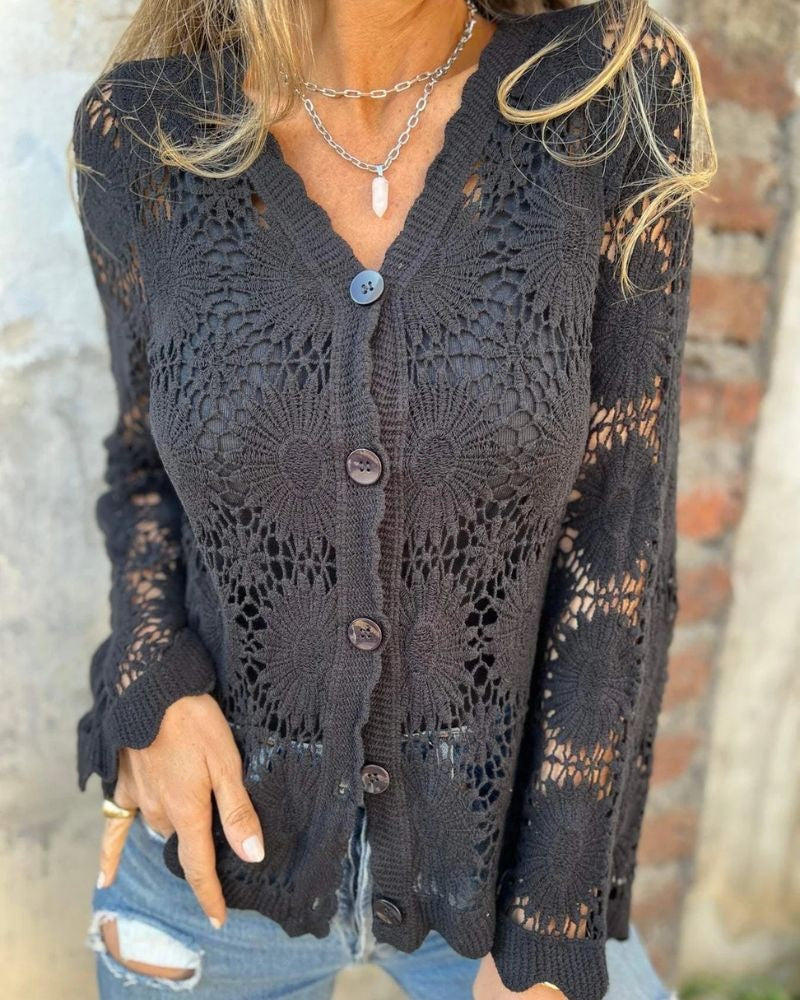NALIE - Crochet Lace Button Cardigan - Black