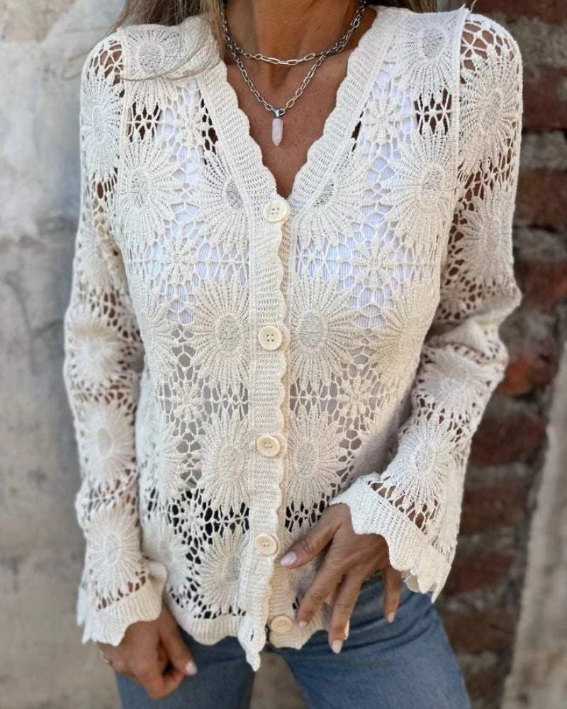 NALIE - Crochet Lace Button Cardigan - Brown
