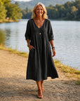 ROMINA - Relaxed Midi Dress 3/4 Sleeve - Black