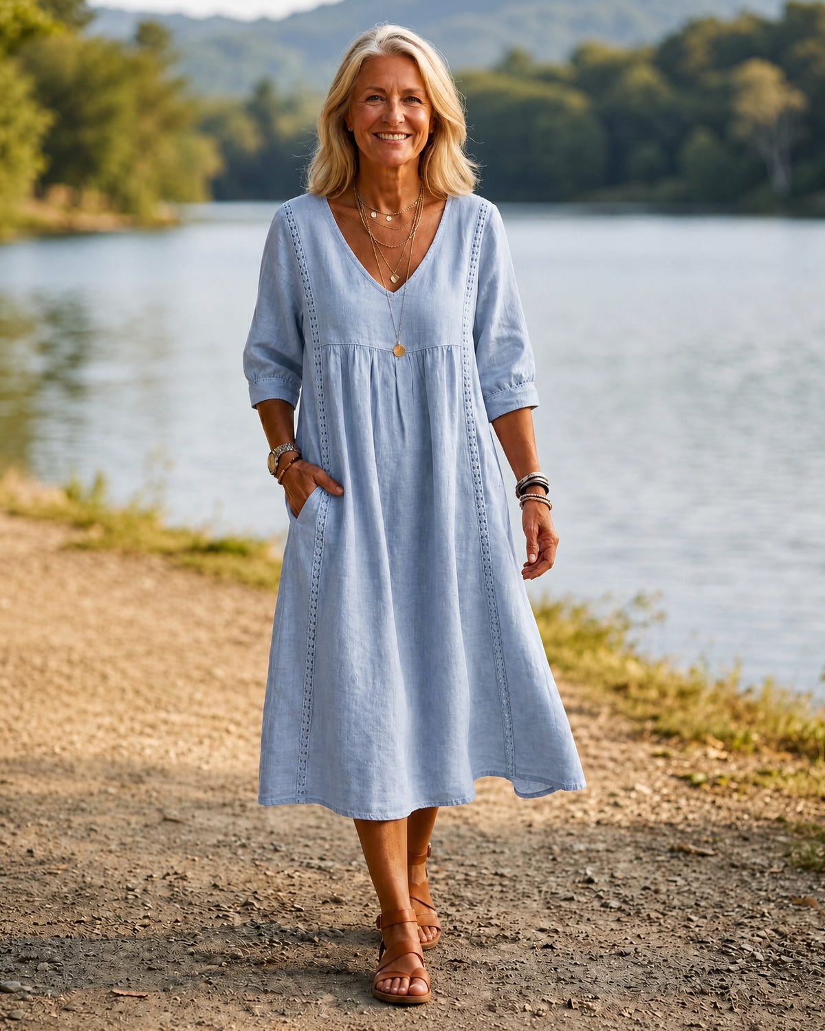 ROMINA - Relaxed Midi Dress 3/4 Sleeve - Blue
