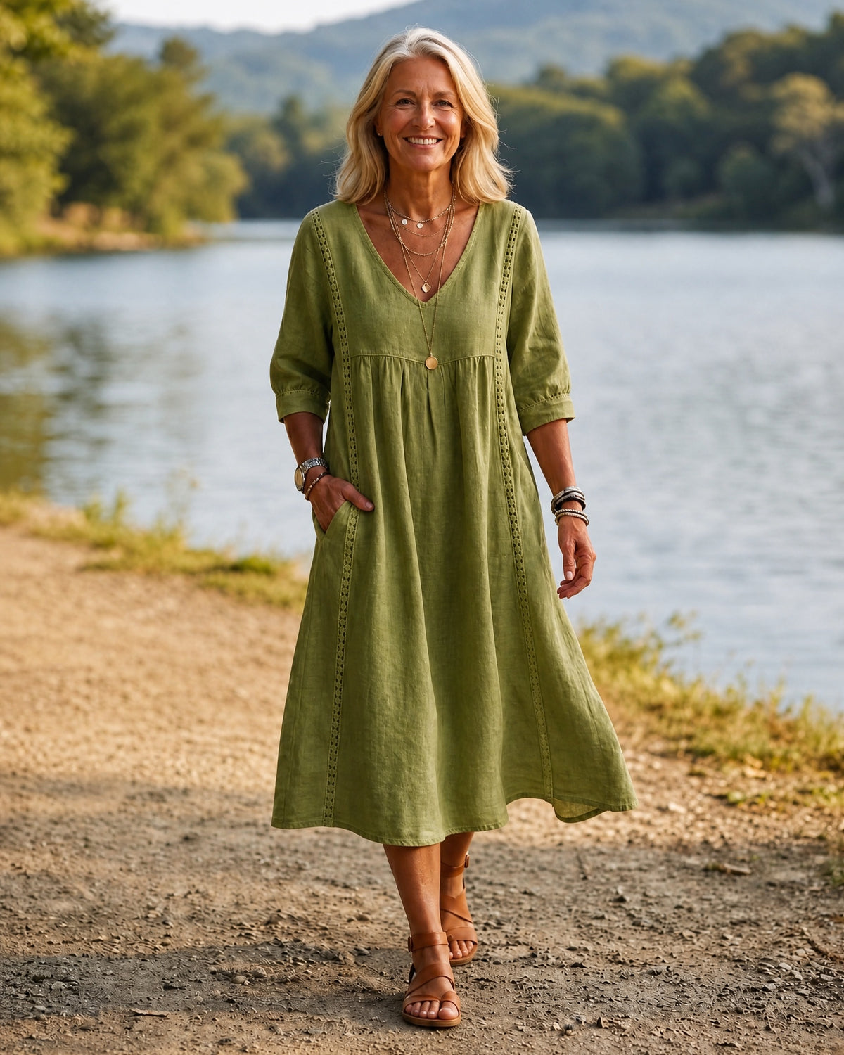 ROMINA - Relaxed Midi Dress 3/4 Sleeve - Olive