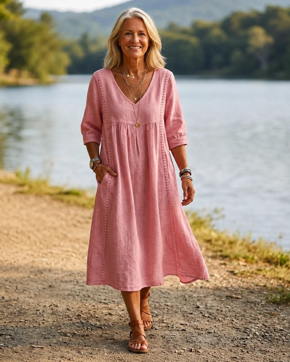 ROMINA - Relaxed Midi Dress 3/4 Sleeve - Pink
