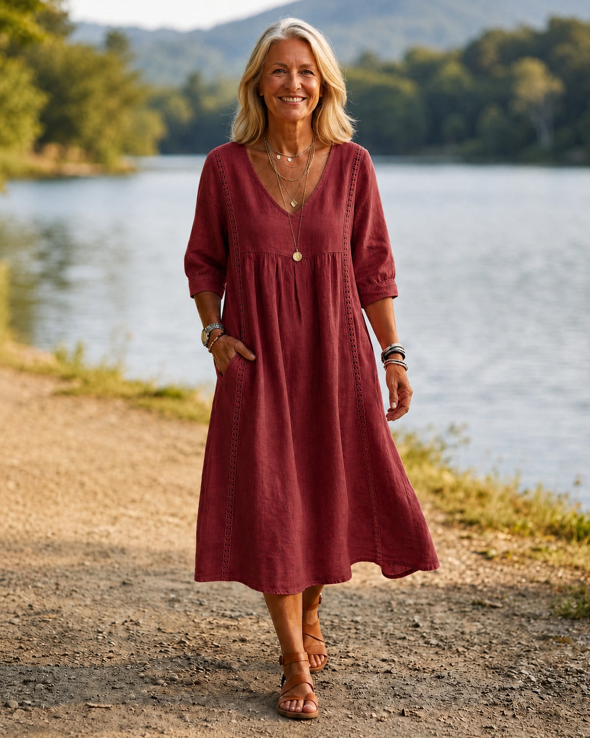 ROMINA - Relaxed Midi Dress 3/4 Sleeve - Red