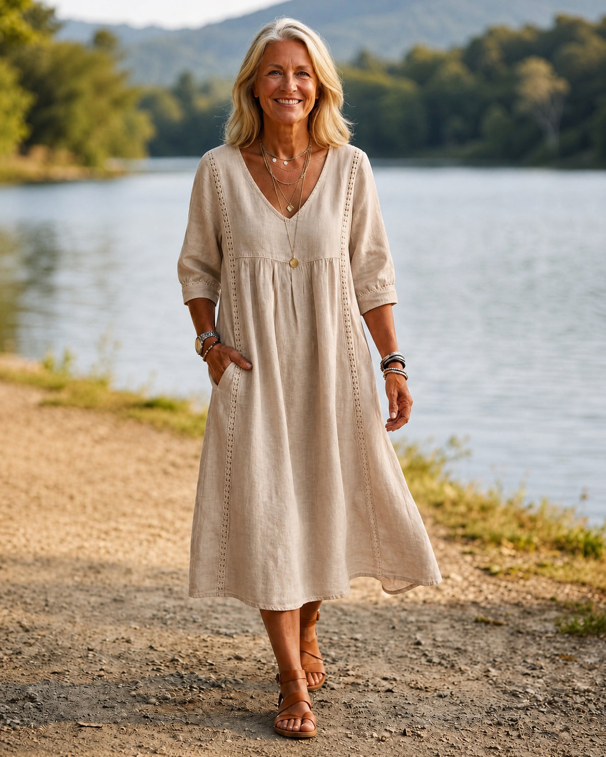 ROMINA - Relaxed Midi Dress 3/4 Sleeve - Sand
