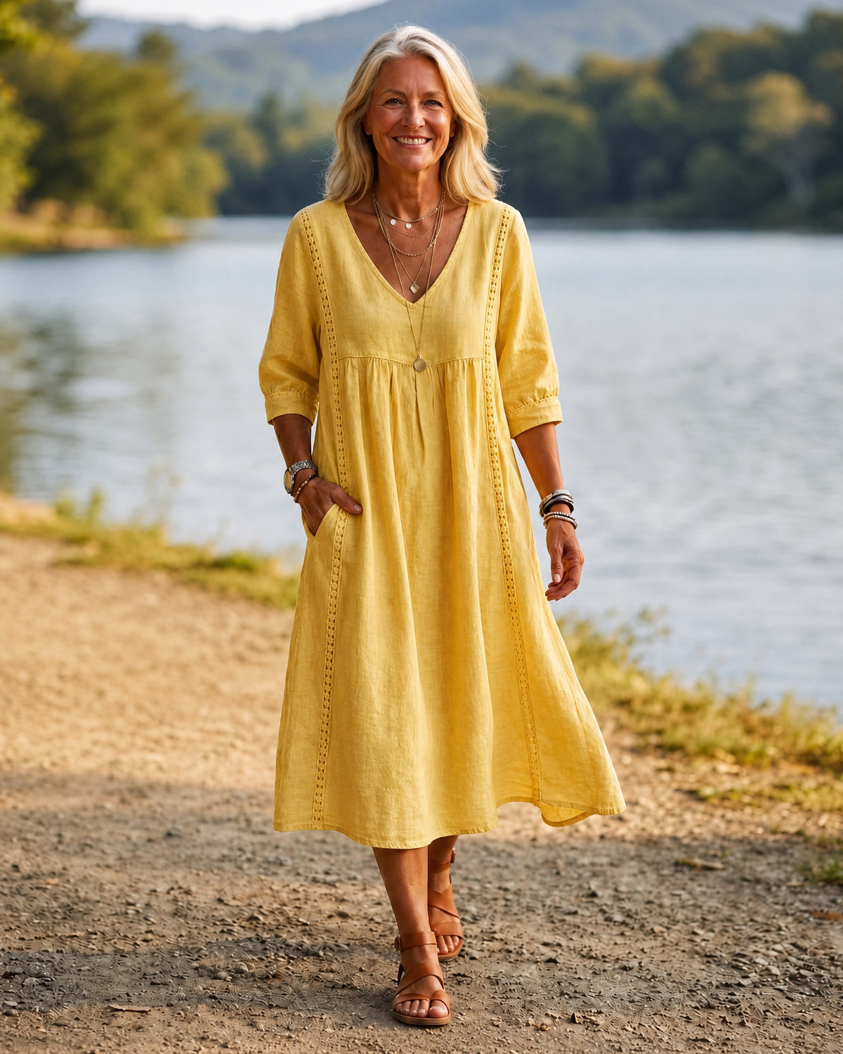 ROMINA - Relaxed Midi Dress 3/4 Sleeve - Yellow