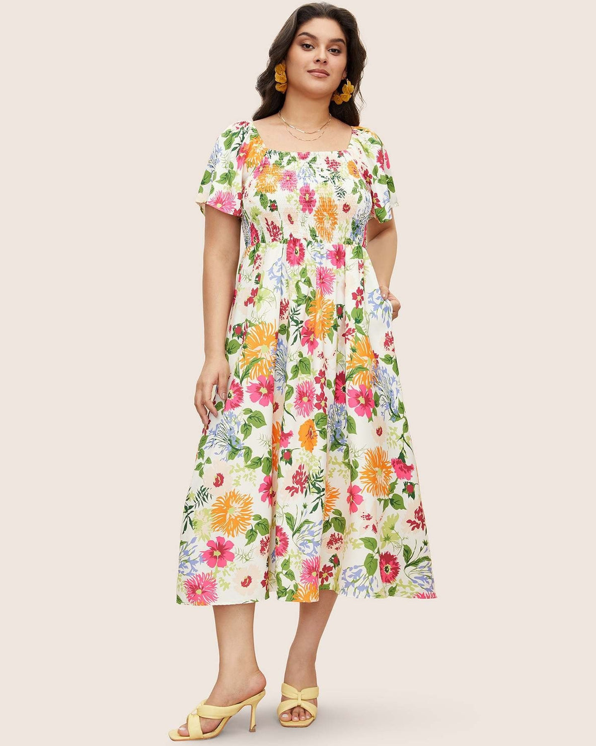 ROSALIE - Floral Smocked Midi Dress - White