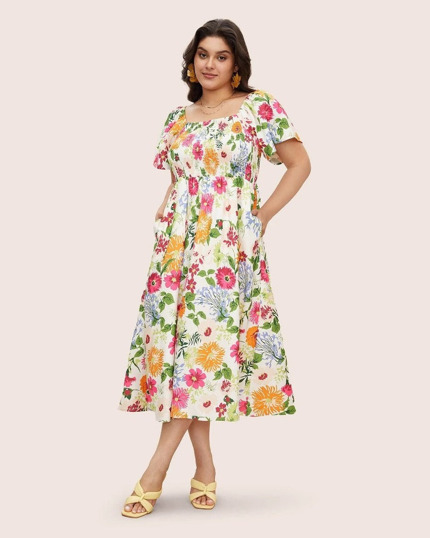ROSALIE - Floral Smocked Midi Dress - White