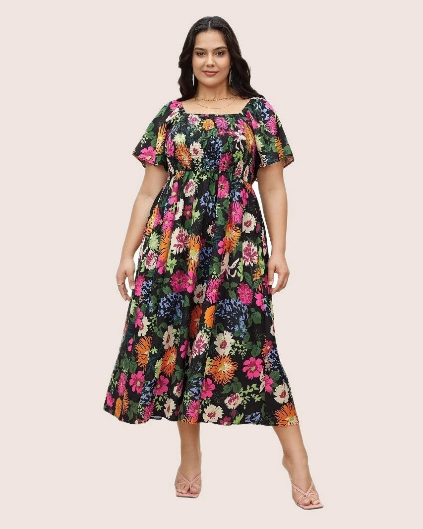 ROSALIE - Floral Smocked Midi Dress - Black