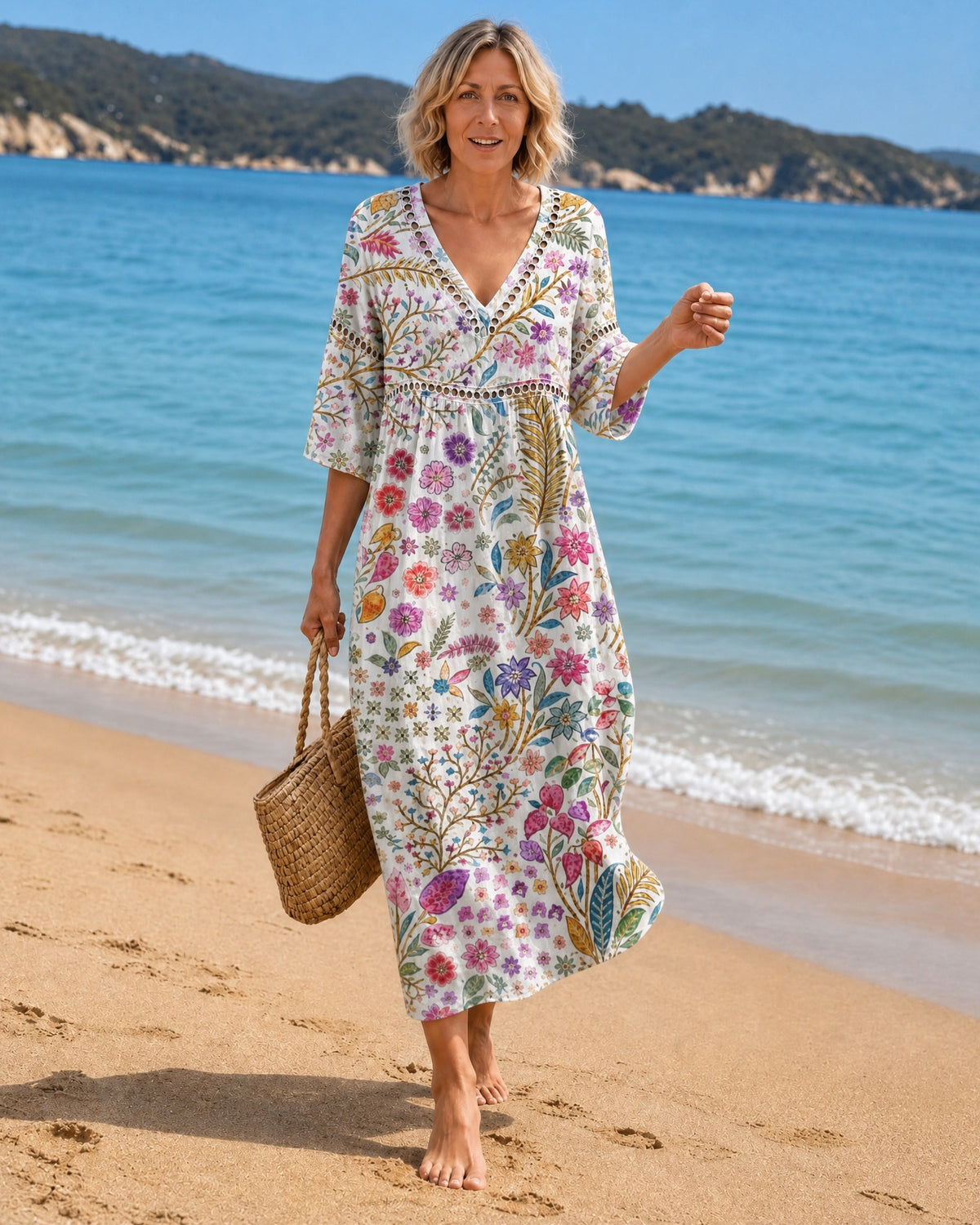 Soft Midi Dress with Elegant Multicolor Floral Pattern
