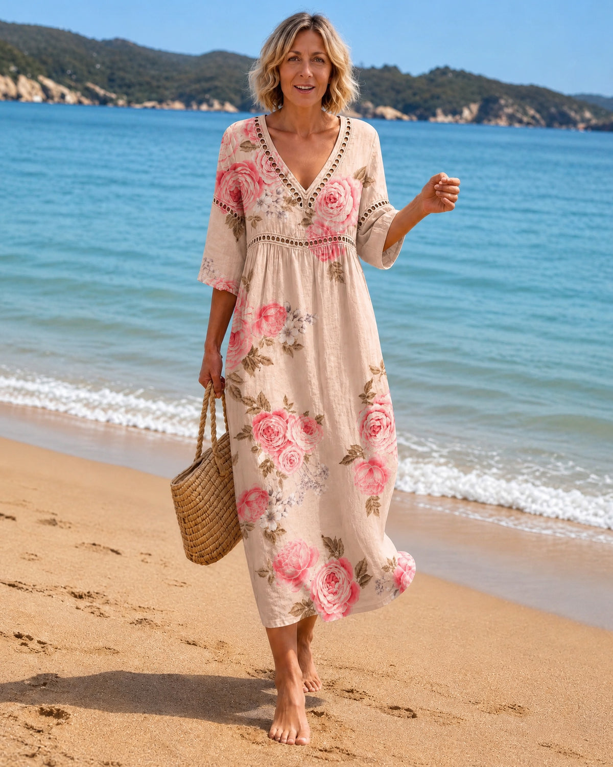 Soft Midi Dress with Elegant Roses