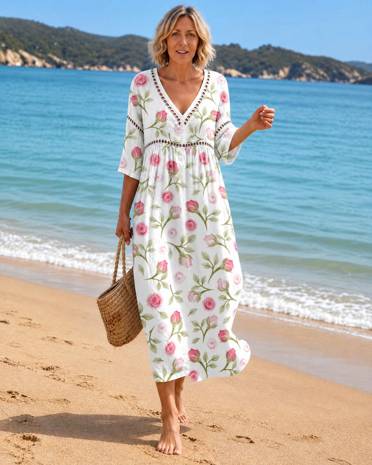 Soft Summer Midi Dress with Rose Print