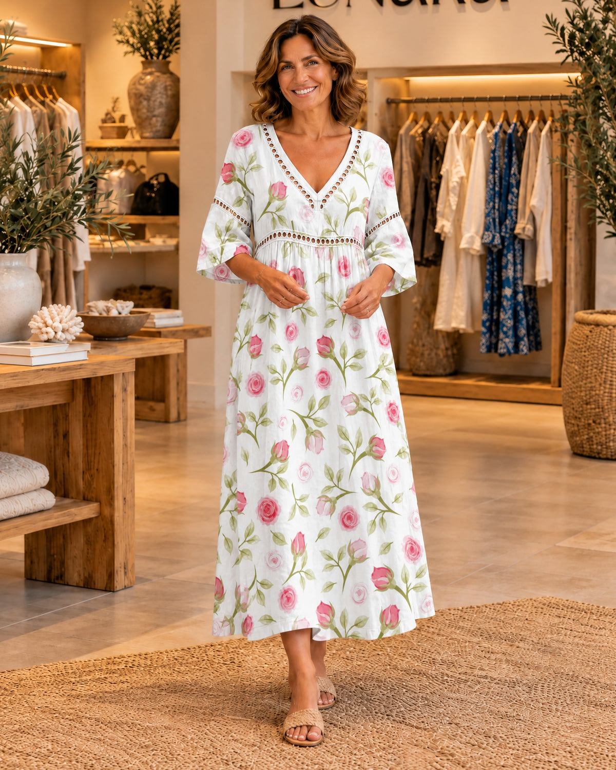 Soft Summer Midi Dress with Rose Print