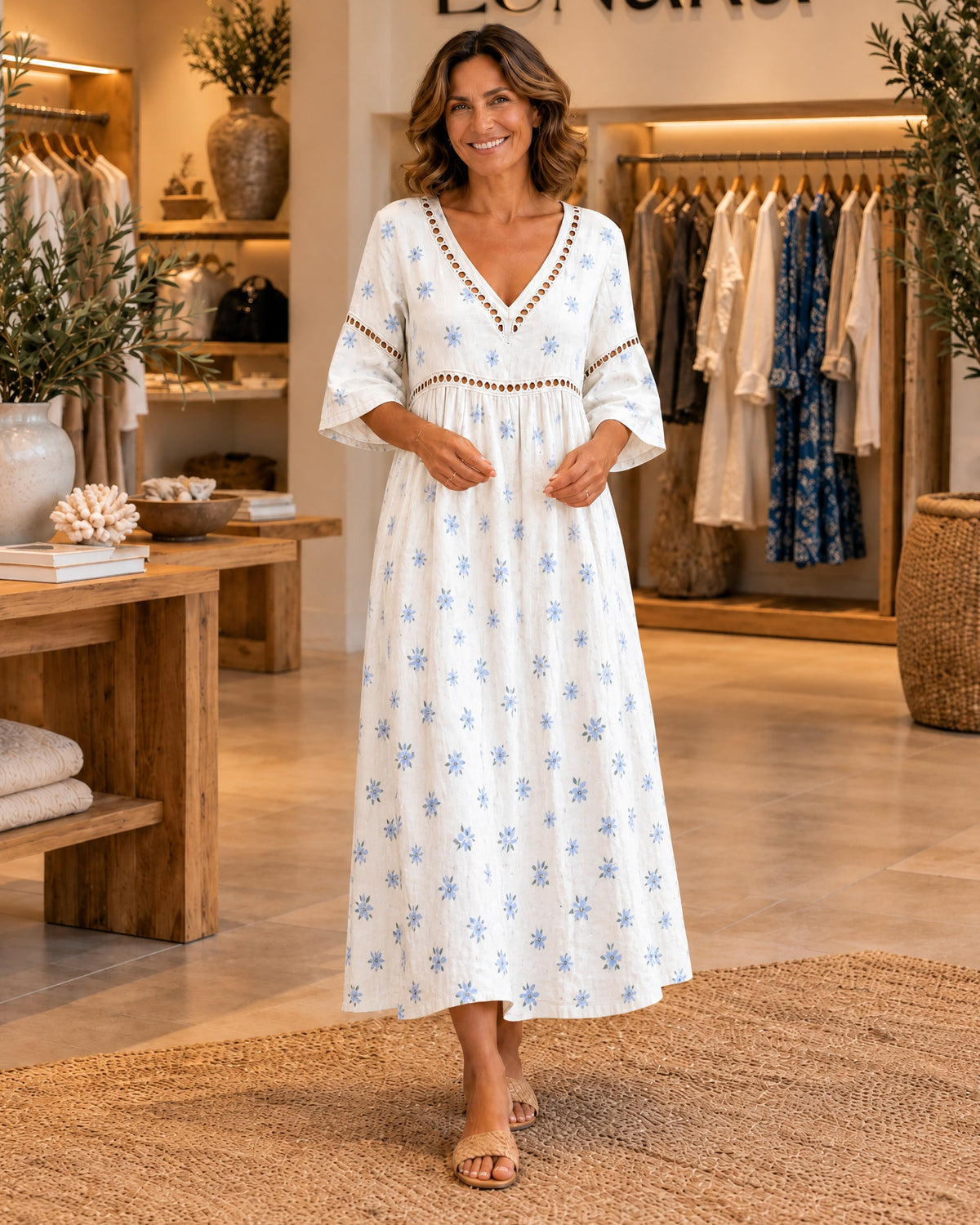 Soft Summer Midi Dress with Small Blue Flowers