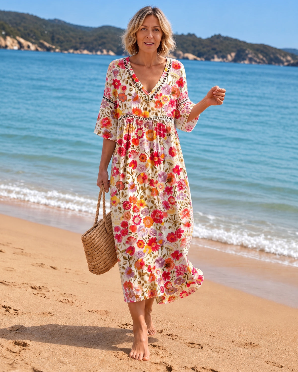 Soft Summer Midi Dress with Vibrant Floral Print