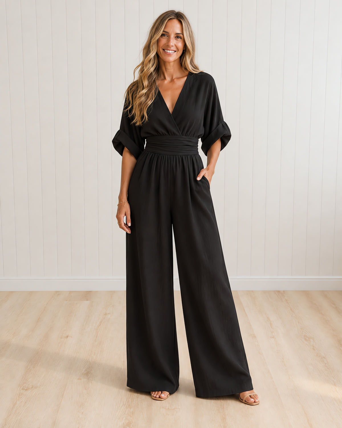TESSA - Elegant Wrap Jumpsuit with Wide Leg and Pockets - Black
