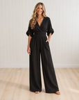 TESSA - Elegant Wrap Jumpsuit with Wide Leg and Pockets - Black