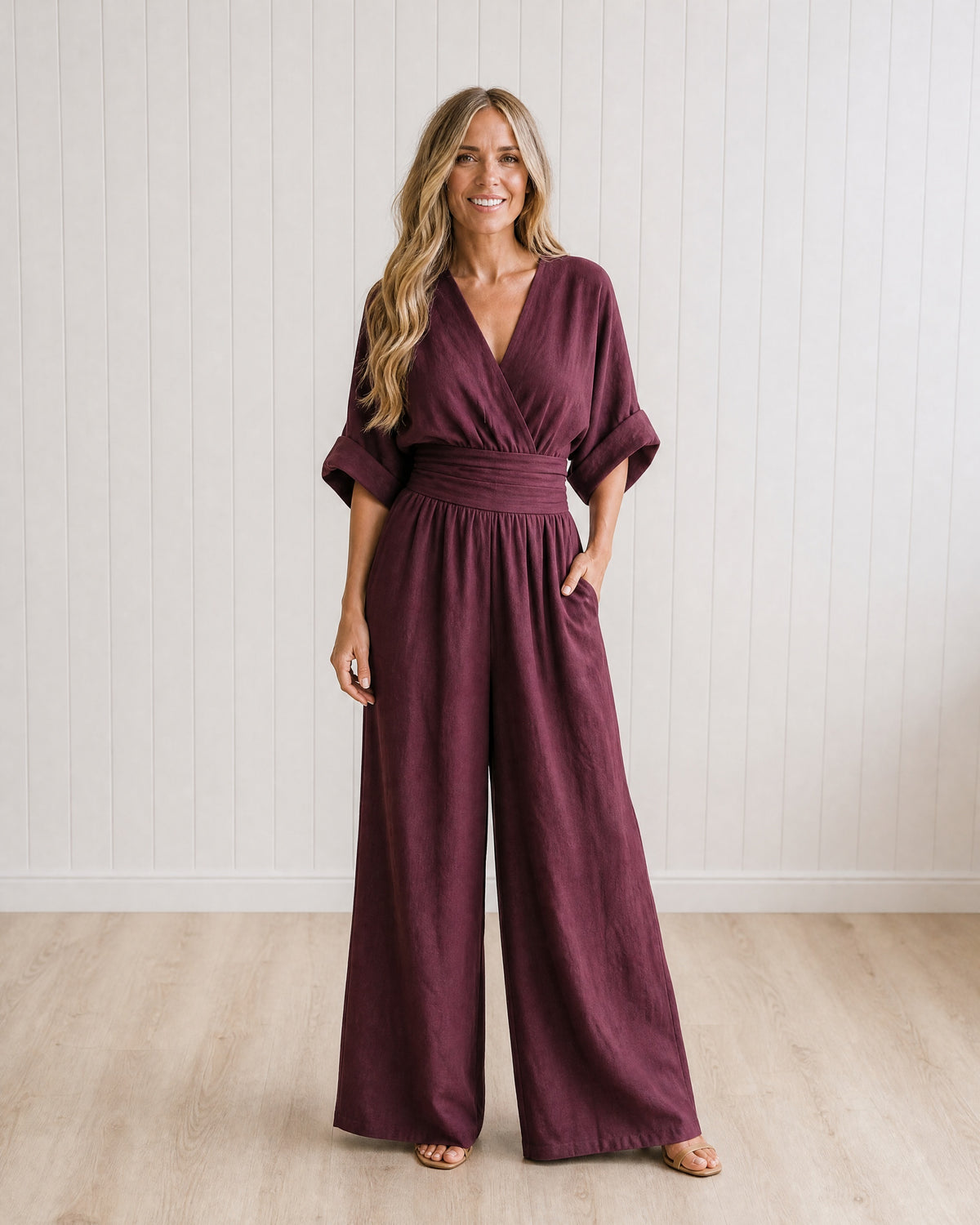 TESSA - Elegant Wrap Jumpsuit with Wide Leg and Pockets - Burgundy