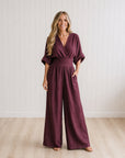 TESSA - Elegant Wrap Jumpsuit with Wide Leg and Pockets - Burgundy