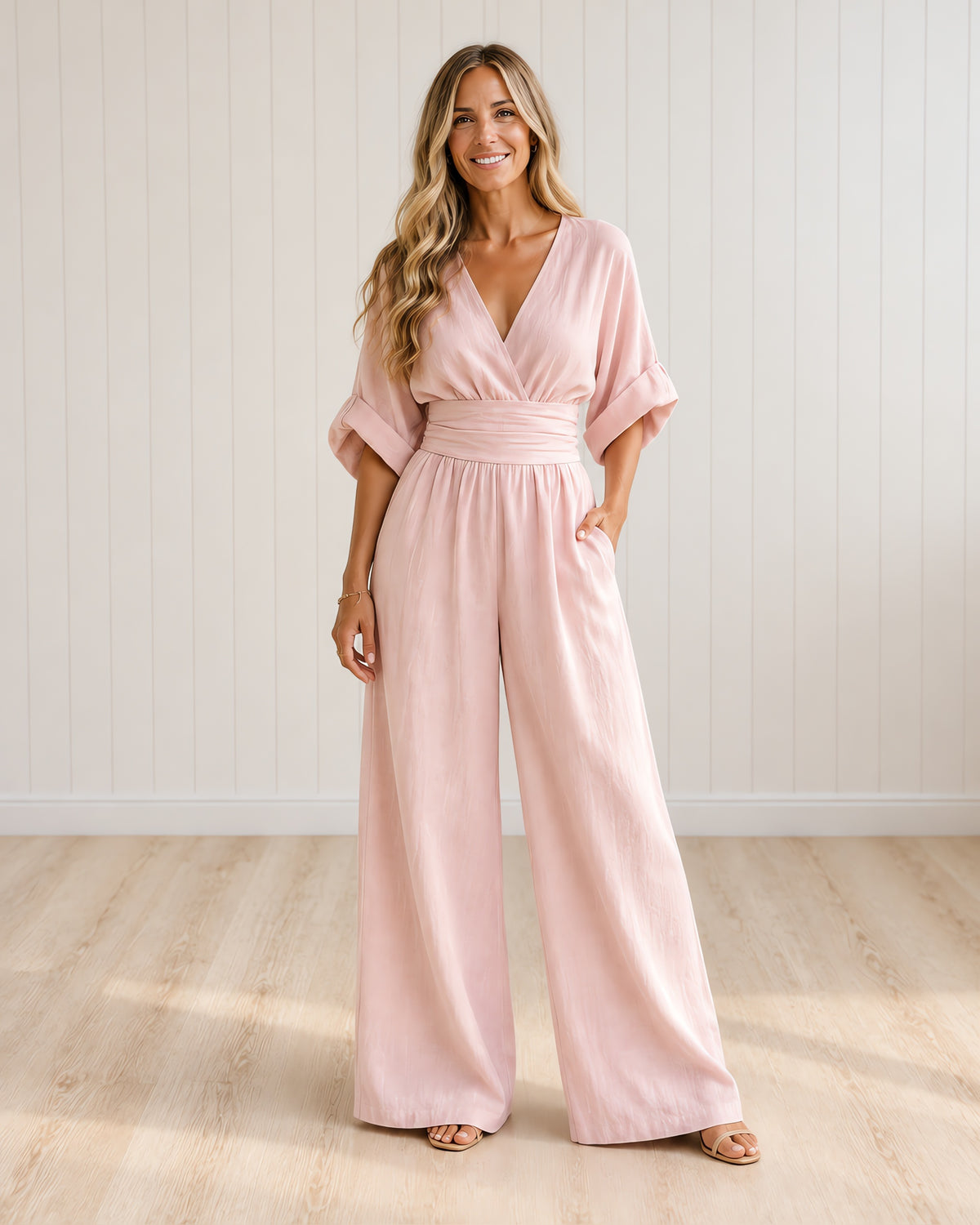 TESSA - Elegant Wrap Jumpsuit with Wide Leg and Pockets - Light Pink