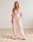 TESSA - Elegant Wrap Jumpsuit with Wide Leg and Pockets - Light Pink