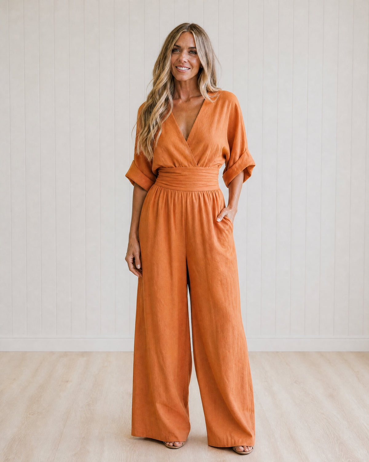 TESSA - Elegant Wrap Jumpsuit with Wide Leg and Pockets - Orange