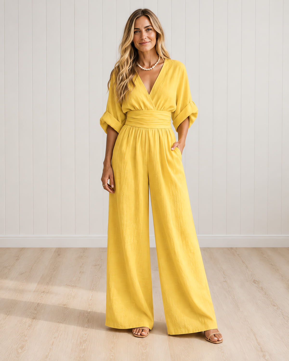 TESSA - Elegant Wrap Jumpsuit with Wide Leg and Pockets - Bright Yellow