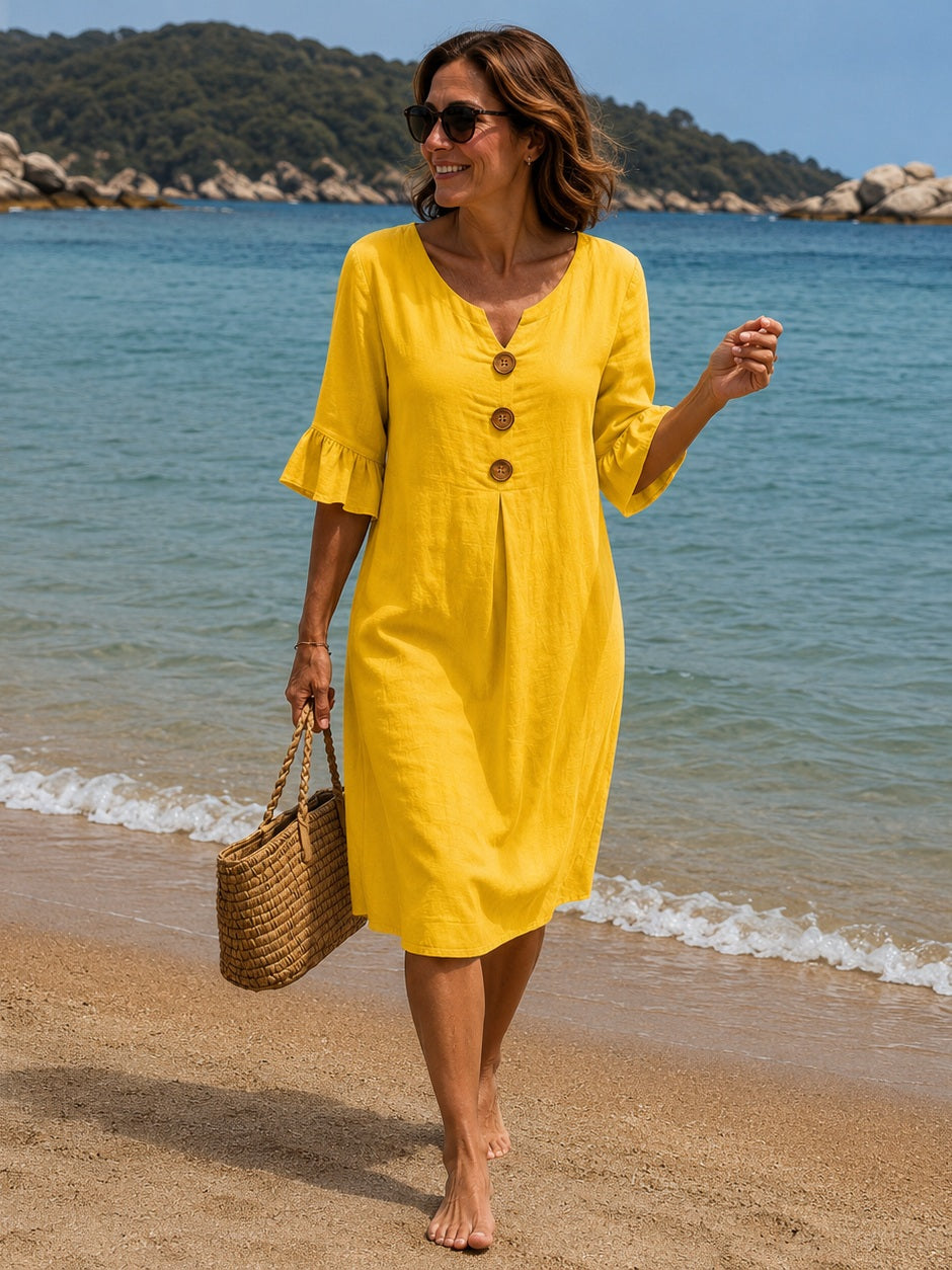 VANESA - Linen dress with texture - Yellow
